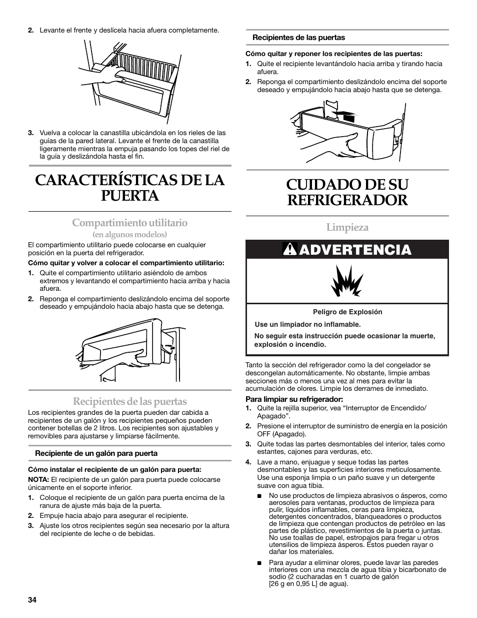 Características de la puerta, Cuidado de su refrigerador, Advertencia | Compartimiento utilitario, Recipientes de las puertas, Limpieza | KITCHENAID W10161714A User Manual | Page 34 / 64