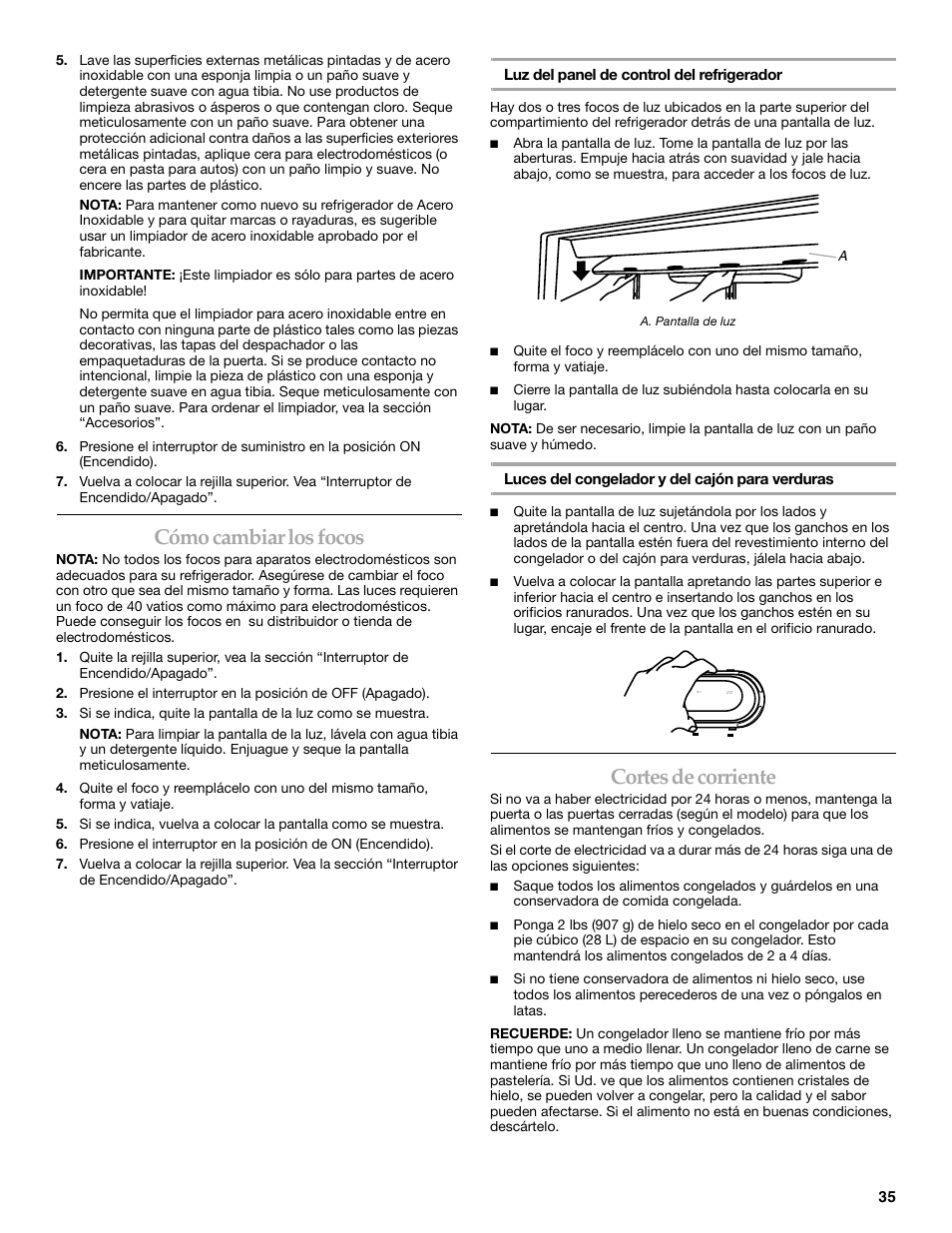 Cómo cambiar los focos, Cortes de corriente | KITCHENAID W10161714A User Manual | Page 35 / 64