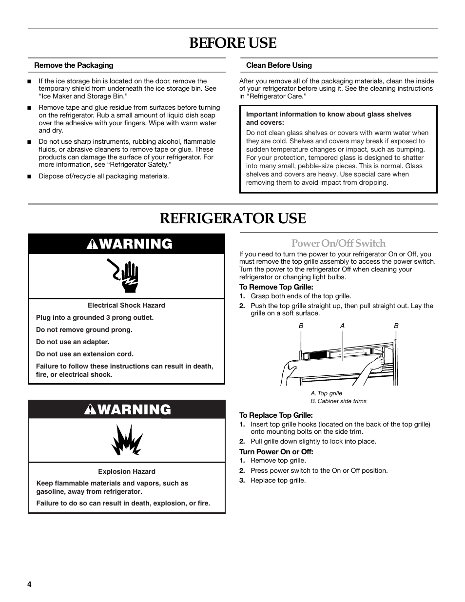 Before use, Refrigerator use, Warning | Power on/off switch | KITCHENAID W10161714A User Manual | Page 4 / 64