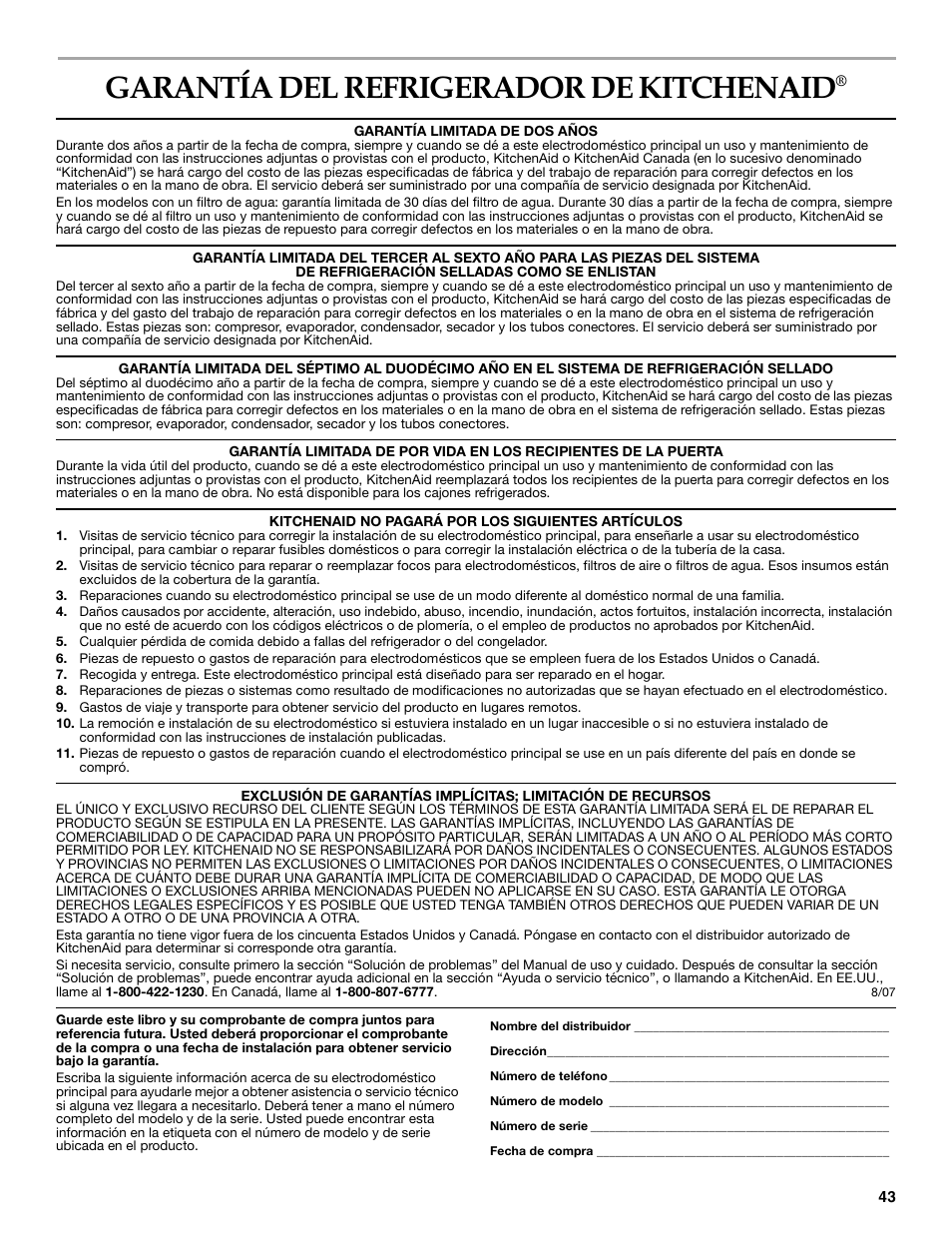 Garantía del refrigerador de kitchenaid | KITCHENAID W10161714A User Manual | Page 43 / 64