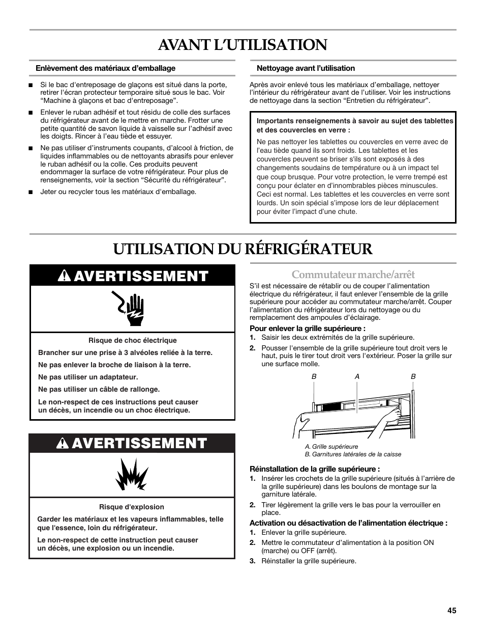 Avant l’utilisation, Utilisation du réfrigérateur, Avertissement | Commutateur marche/arrêt | KITCHENAID W10161714A User Manual | Page 45 / 64