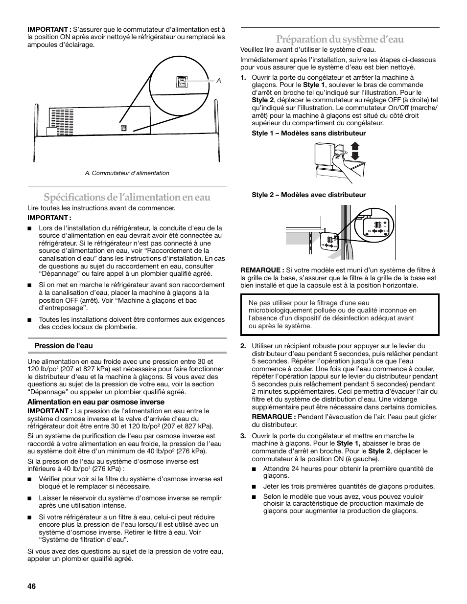 Spécifications de l’alimentation en eau, Préparation du système d’eau | KITCHENAID W10161714A User Manual | Page 46 / 64