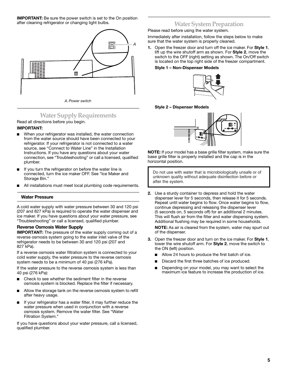 Water supply requirements, Water system preparation | KITCHENAID W10161714A User Manual | Page 5 / 64