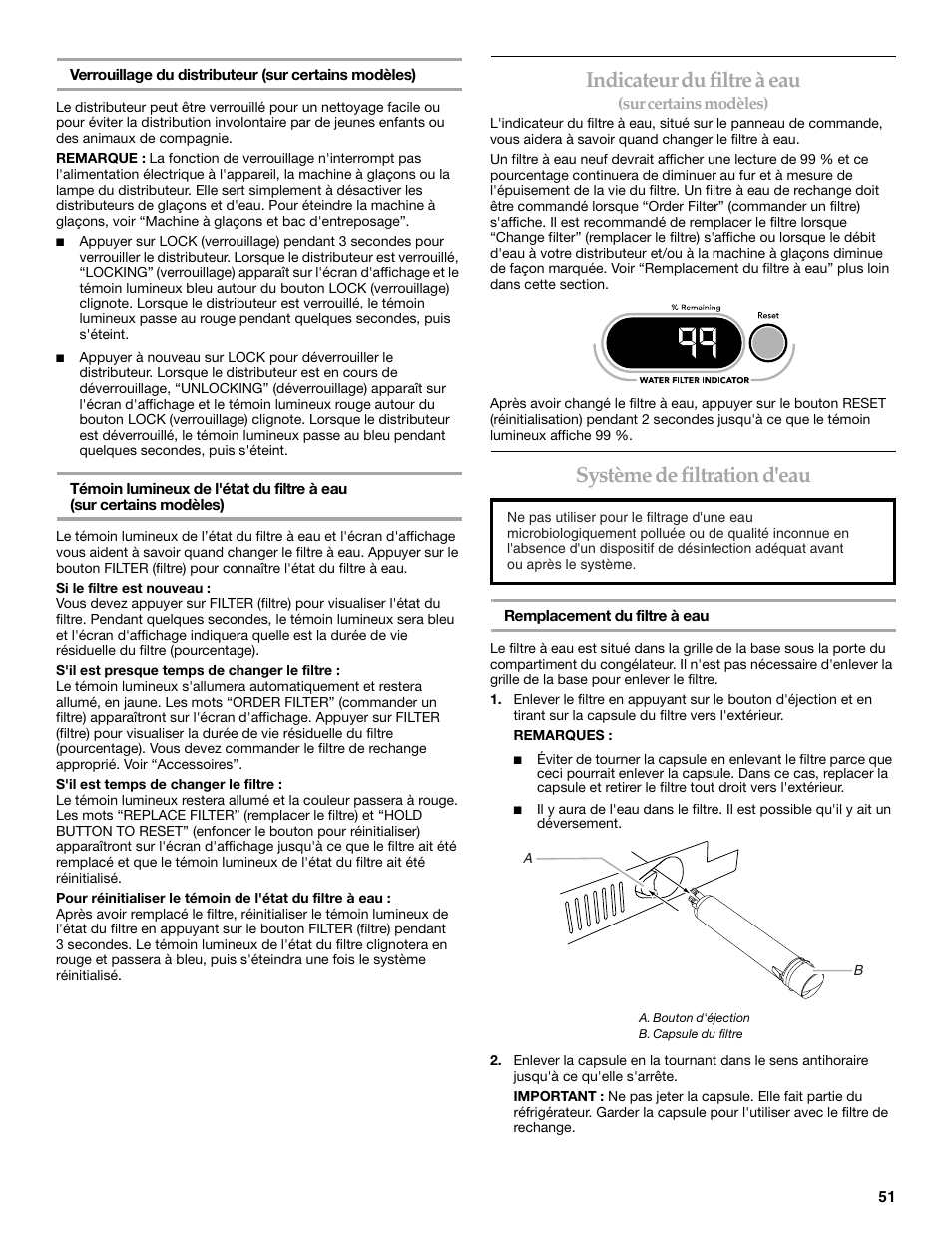 Indicateur du filtre à eau, Système de filtration d'eau | KITCHENAID W10161714A User Manual | Page 51 / 64