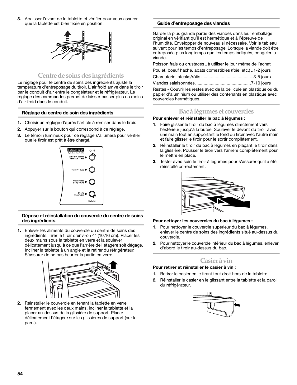 Centre de soins des ingrédients, Bac à légumes et couvercles, Casier à vin | KITCHENAID W10161714A User Manual | Page 54 / 64