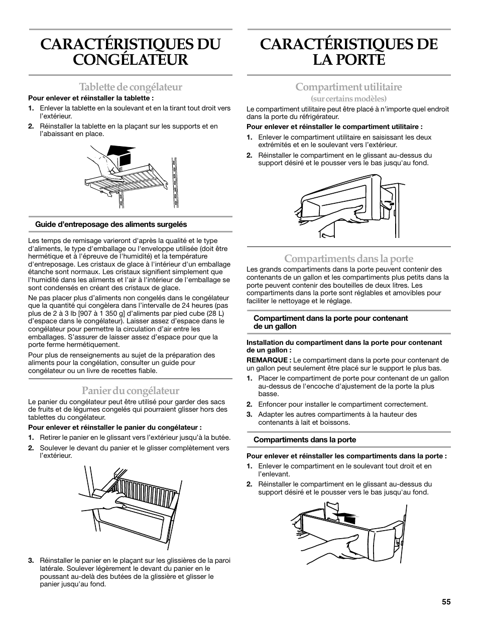 Caractéristiques du congélateur, Caractéristiques de la porte, Tablette de congélateur | Panier du congélateur, Compartiment utilitaire, Compartiments dans la porte | KITCHENAID W10161714A User Manual | Page 55 / 64