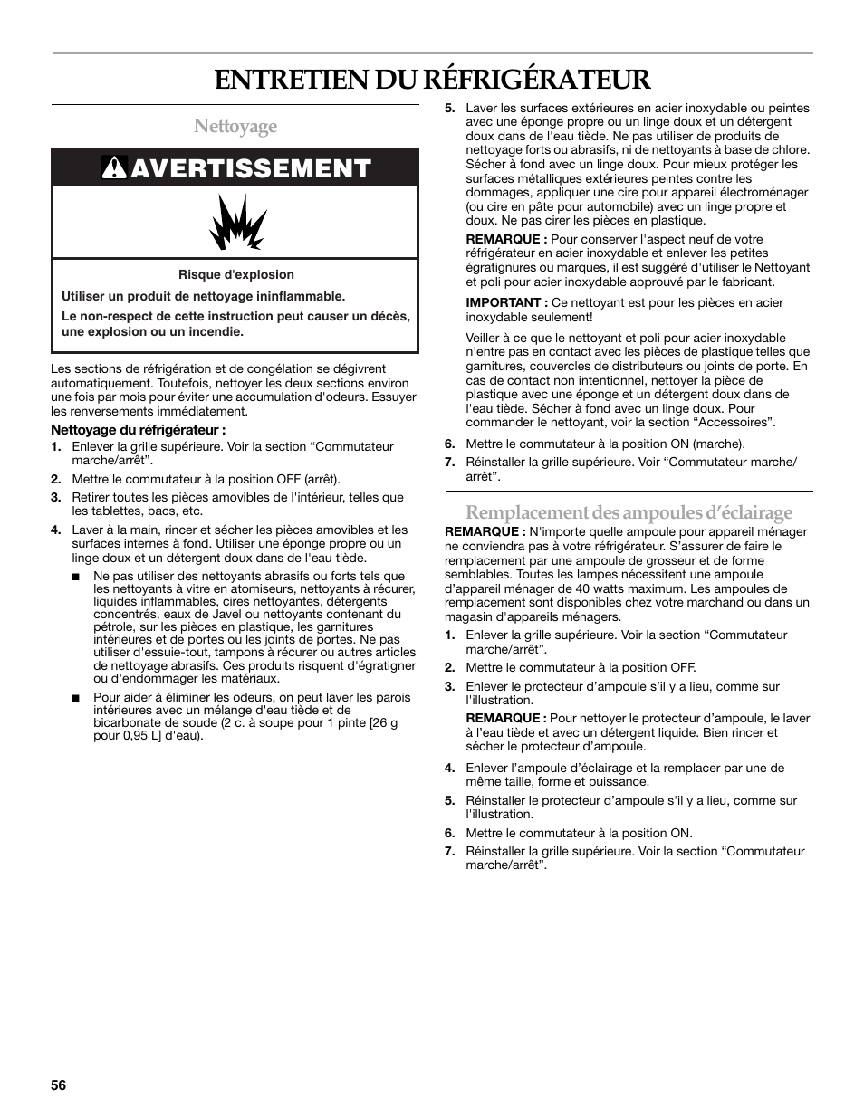 Entretien du réfrigérateur, Avertissement, Nettoyage | Remplacement des ampoules d’éclairage | KITCHENAID W10161714A User Manual | Page 56 / 64