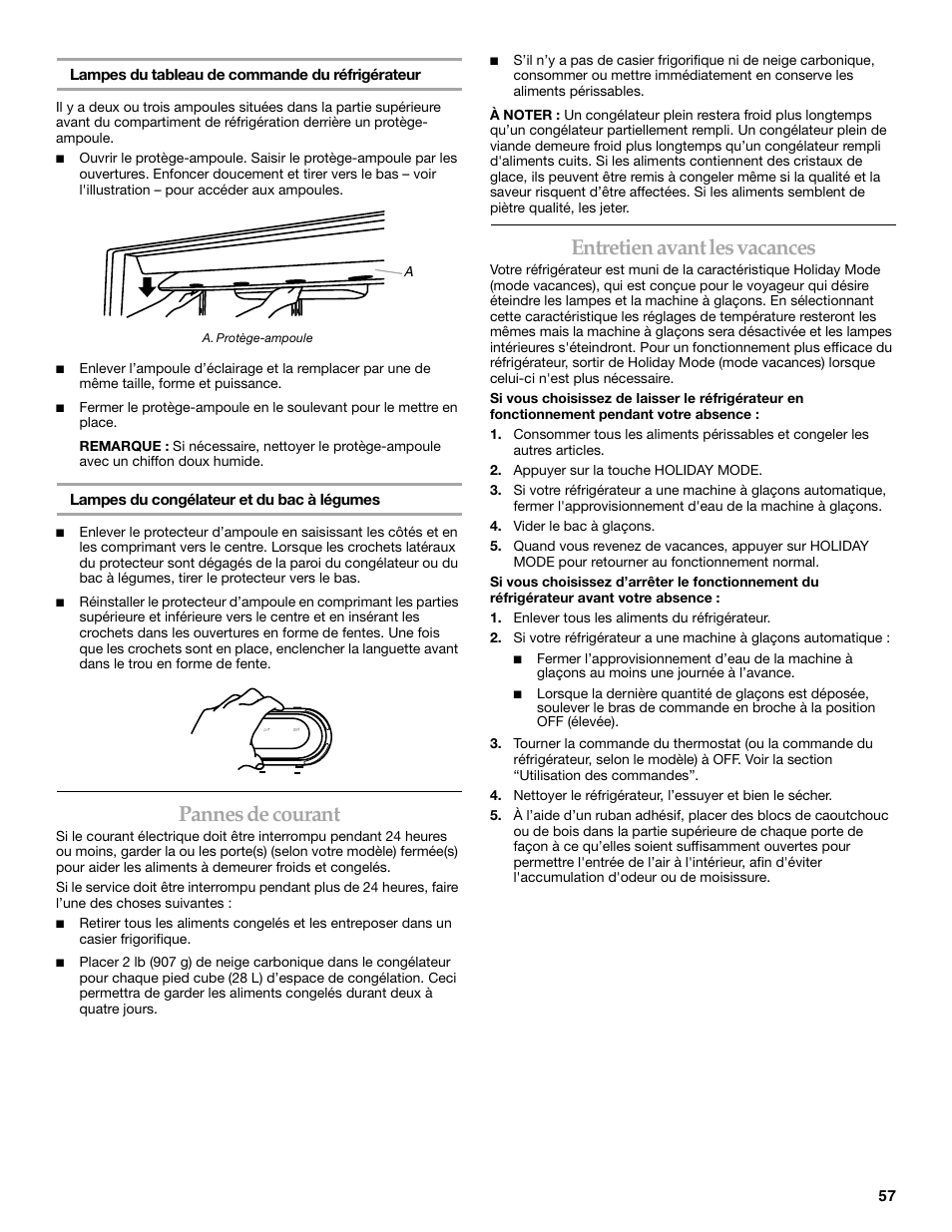 Pannes de courant, Entretien avant les vacances | KITCHENAID W10161714A User Manual | Page 57 / 64