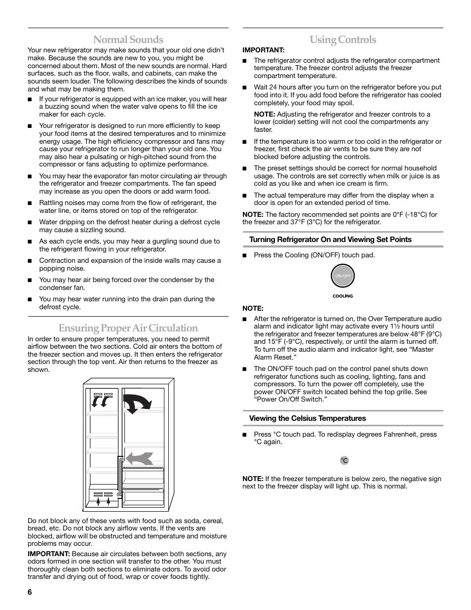 Normal sounds, Ensuring proper air circulation, Using controls | KITCHENAID W10161714A User Manual | Page 6 / 64