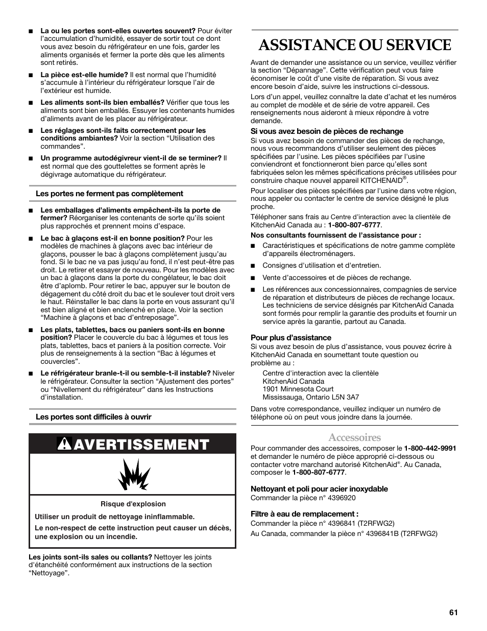 Assistance ou service, Avertissement, Accessoires | KITCHENAID W10161714A User Manual | Page 61 / 64
