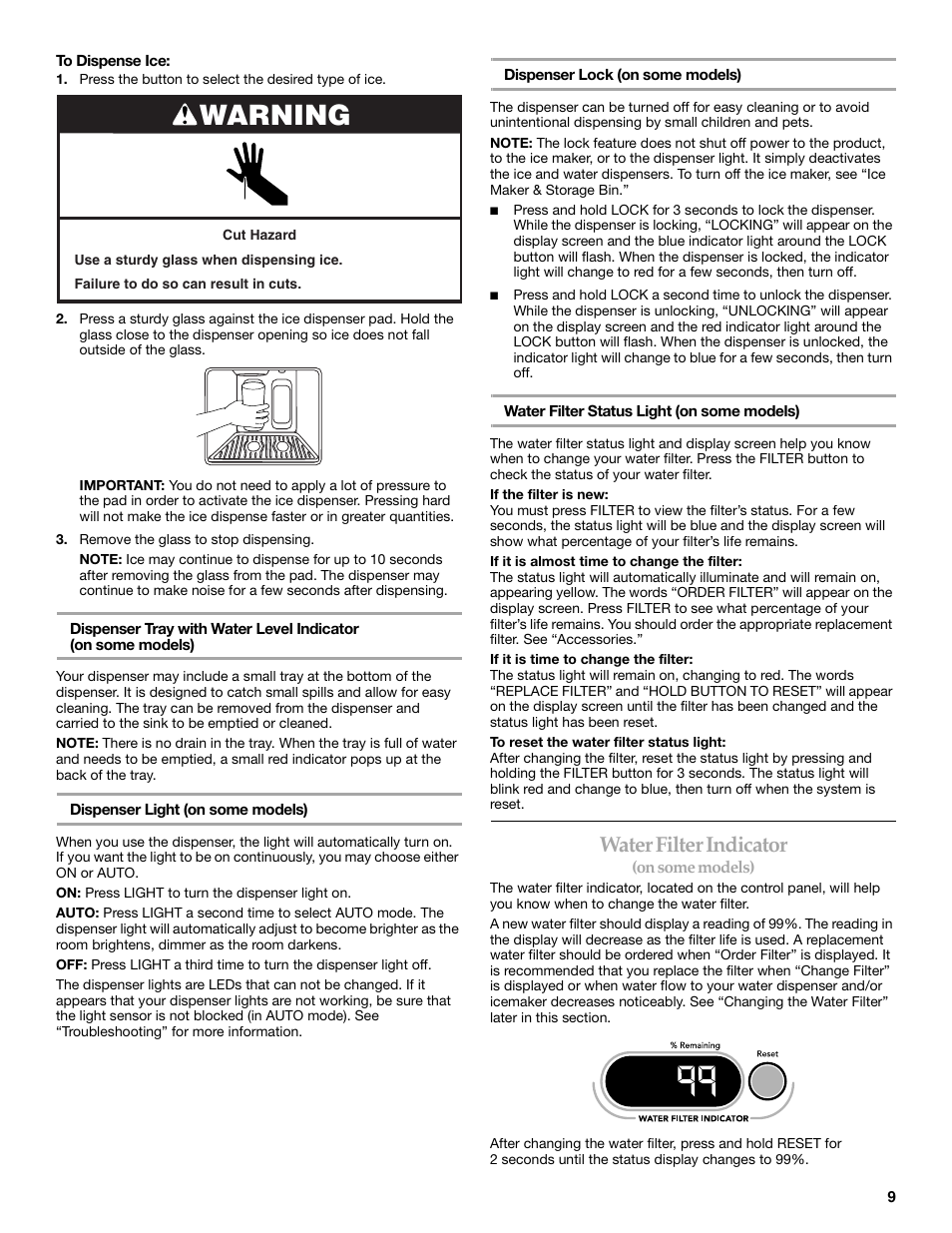 Warning, Water filter indicator | KITCHENAID W10161714A User Manual | Page 9 / 64