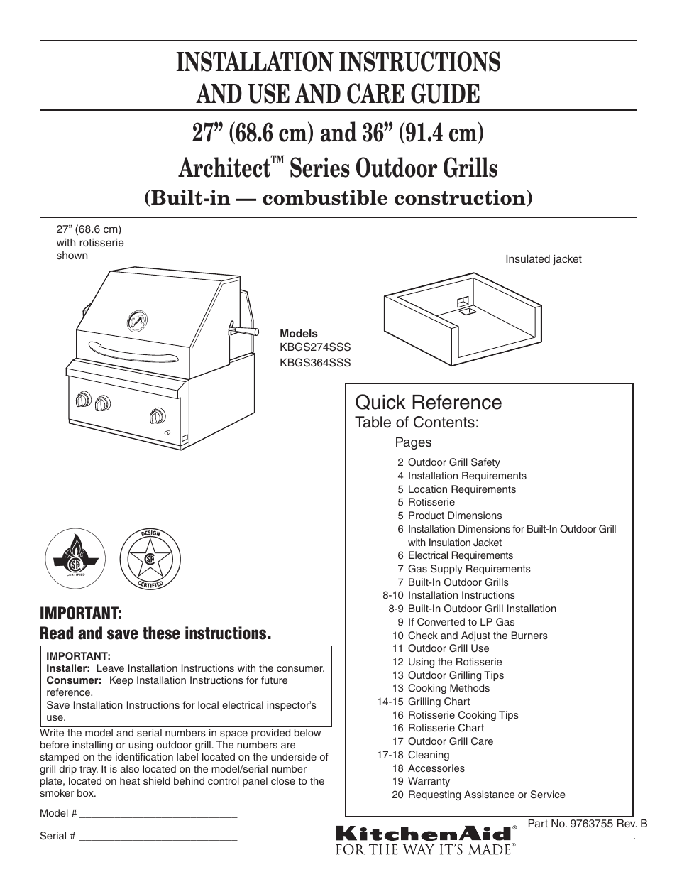 KITCHENAID KBGS274SSS0 User Manual | 20 pages