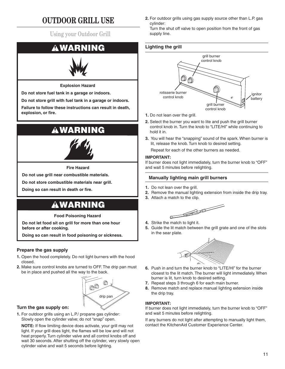 Warning, Outdoor grill use, Using your outdoor grill | KITCHENAID KBGS274SSS0 User Manual | Page 11 / 20