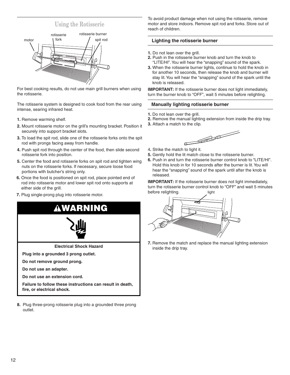 Warning, Using the rotisserie | KITCHENAID KBGS274SSS0 User Manual | Page 12 / 20