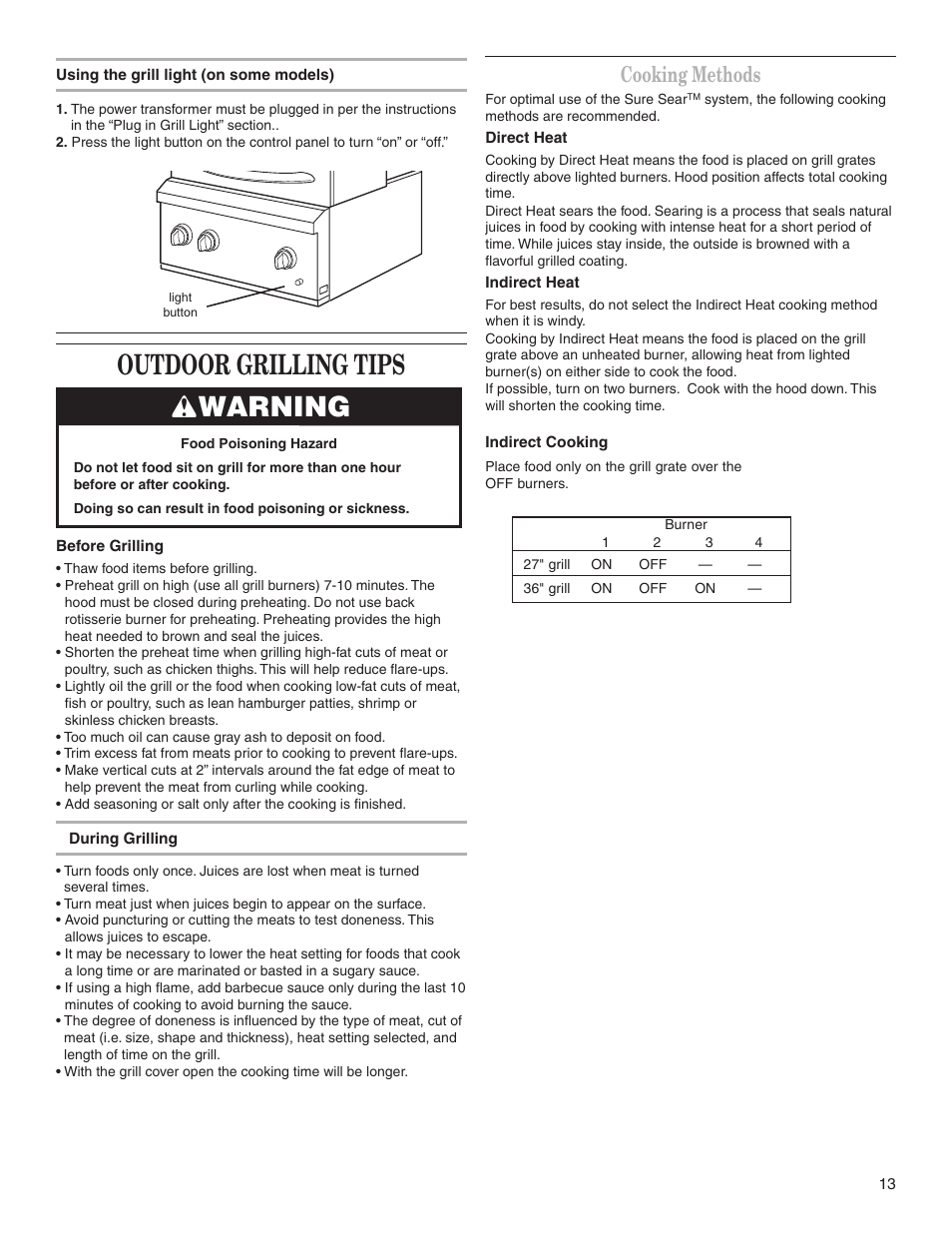 Outdoor grilling tips, Warning, Cooking methods | KITCHENAID KBGS274SSS0 User Manual | Page 13 / 20