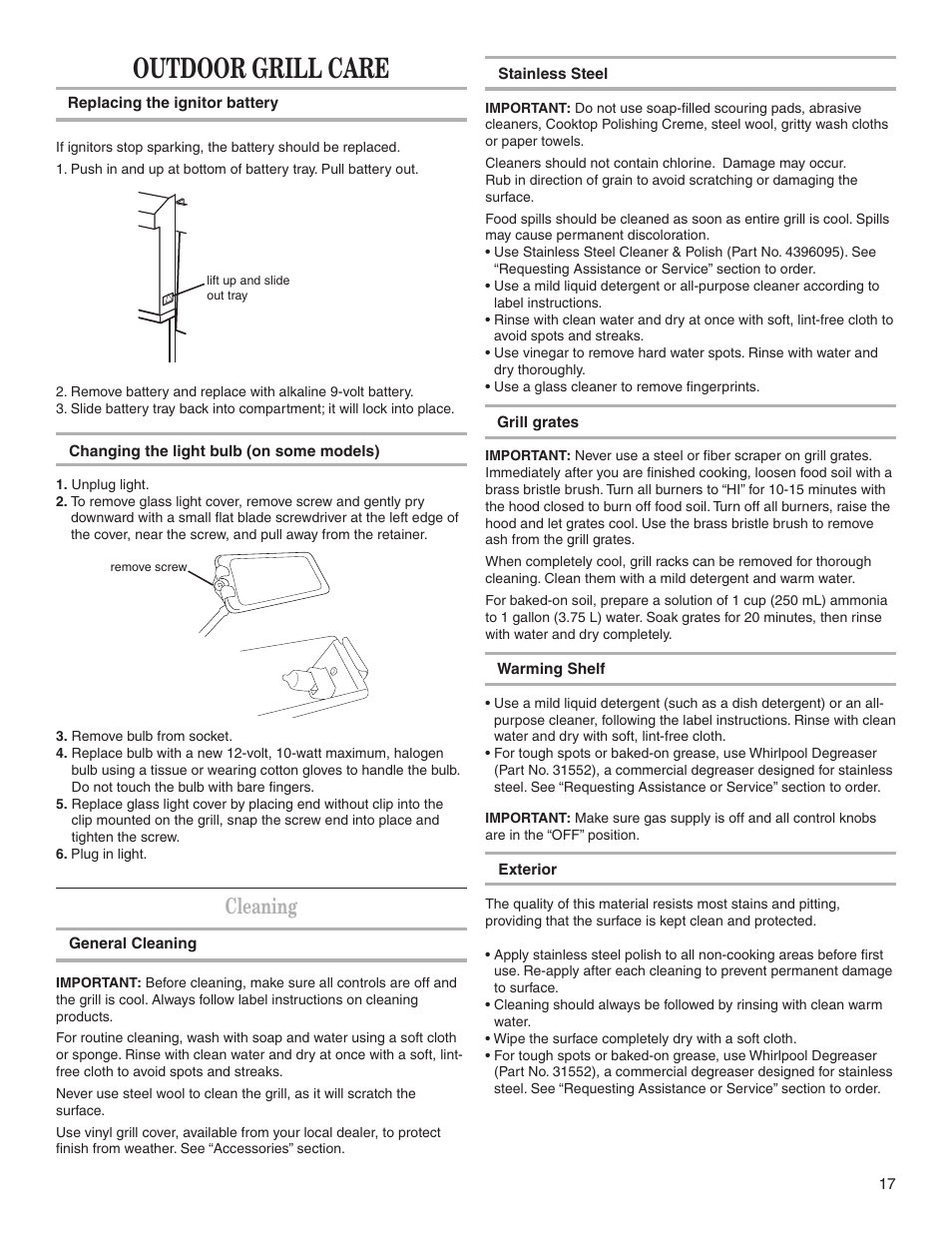Outdoor grill care, Cleaning | KITCHENAID KBGS274SSS0 User Manual | Page 17 / 20