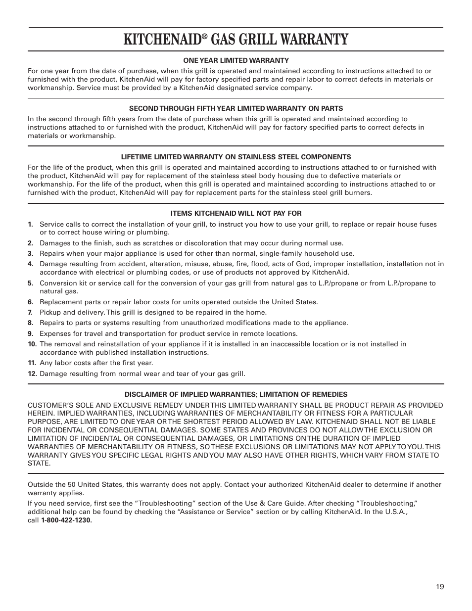 Kitchenaid, Gas grill warranty | KITCHENAID KBGS274SSS0 User Manual | Page 19 / 20
