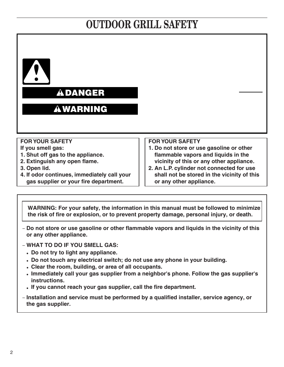 Outdoor grill safety, Danger warning | KITCHENAID KBGS274SSS0 User Manual | Page 2 / 20