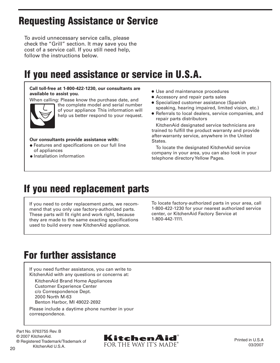 Requesting assistance or service, If you need replacement parts, For further assistance | If you need assistance or service in u.s.a | KITCHENAID KBGS274SSS0 User Manual | Page 20 / 20