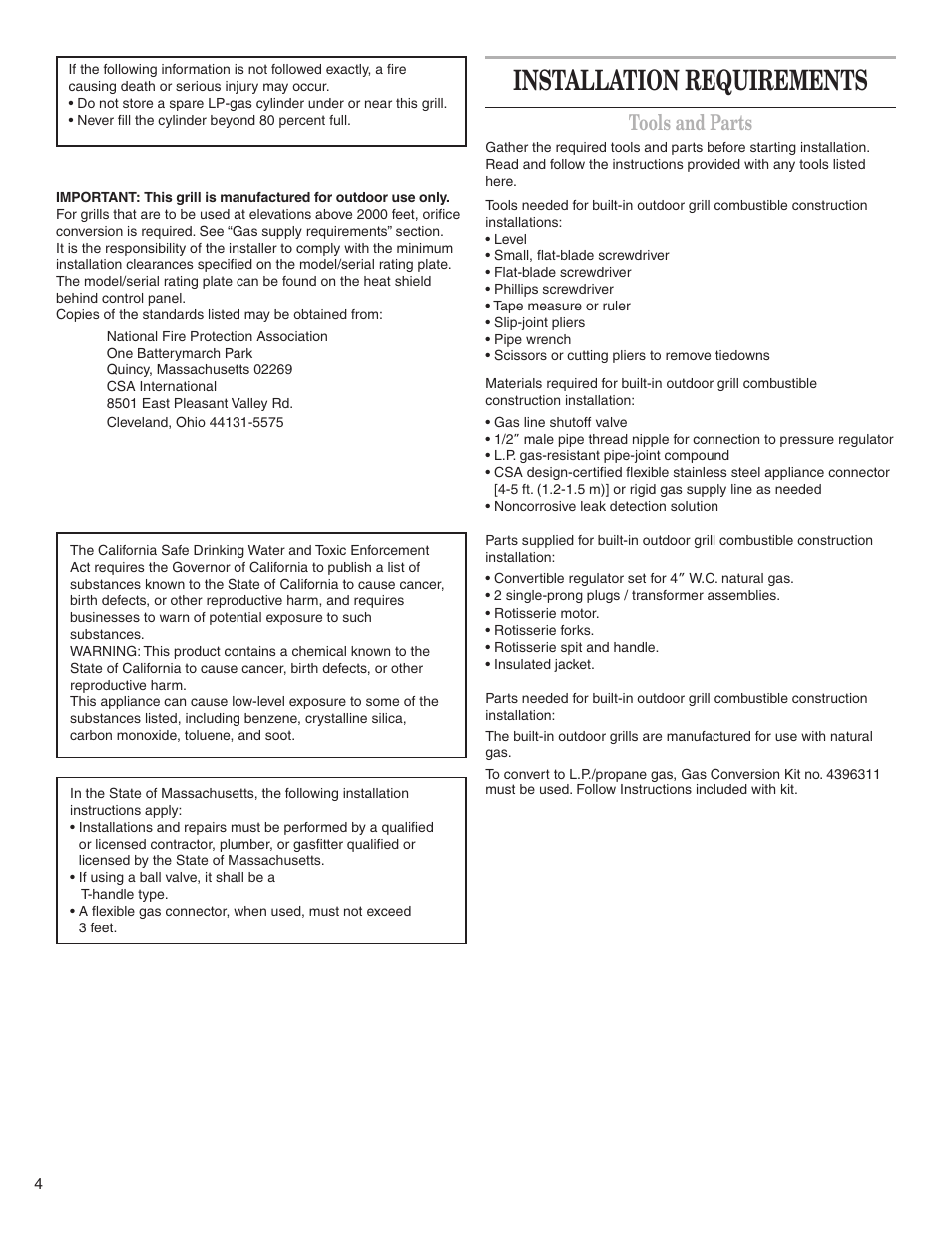Installation requirements, Tools and parts | KITCHENAID KBGS274SSS0 User Manual | Page 4 / 20