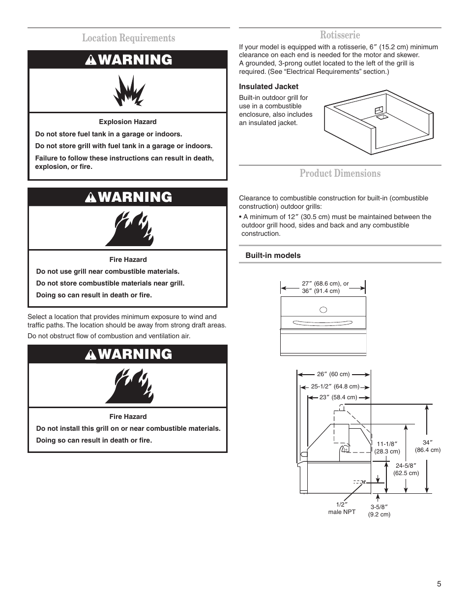 Warning, Rotisserie, Product dimensions | Location requirements | KITCHENAID KBGS274SSS0 User Manual | Page 5 / 20