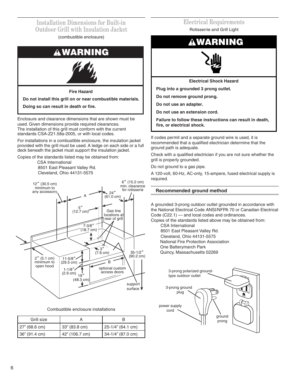 Warning, Electrical requirements | KITCHENAID KBGS274SSS0 User Manual | Page 6 / 20