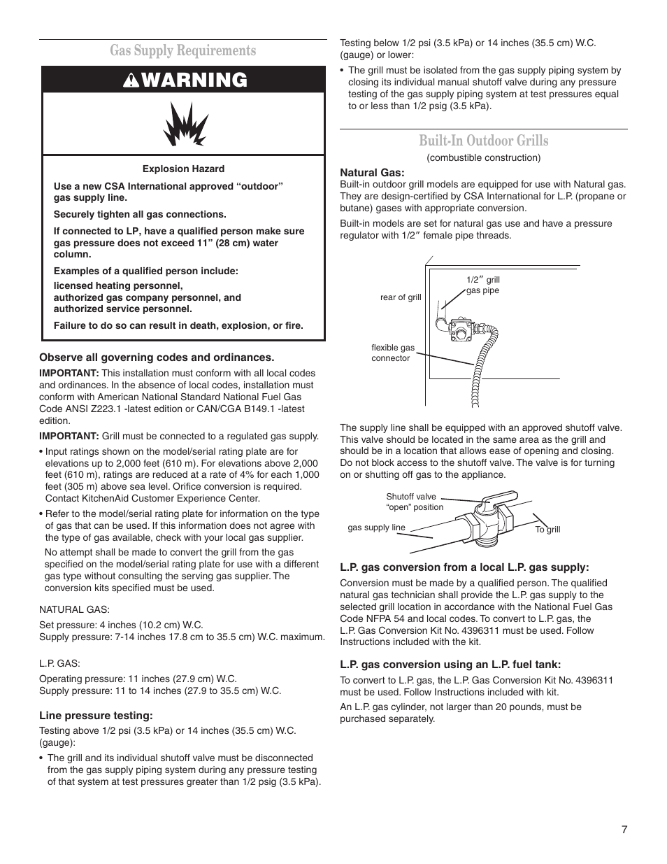 Warning, Gas supply requirements, Built-in outdoor grills | KITCHENAID KBGS274SSS0 User Manual | Page 7 / 20