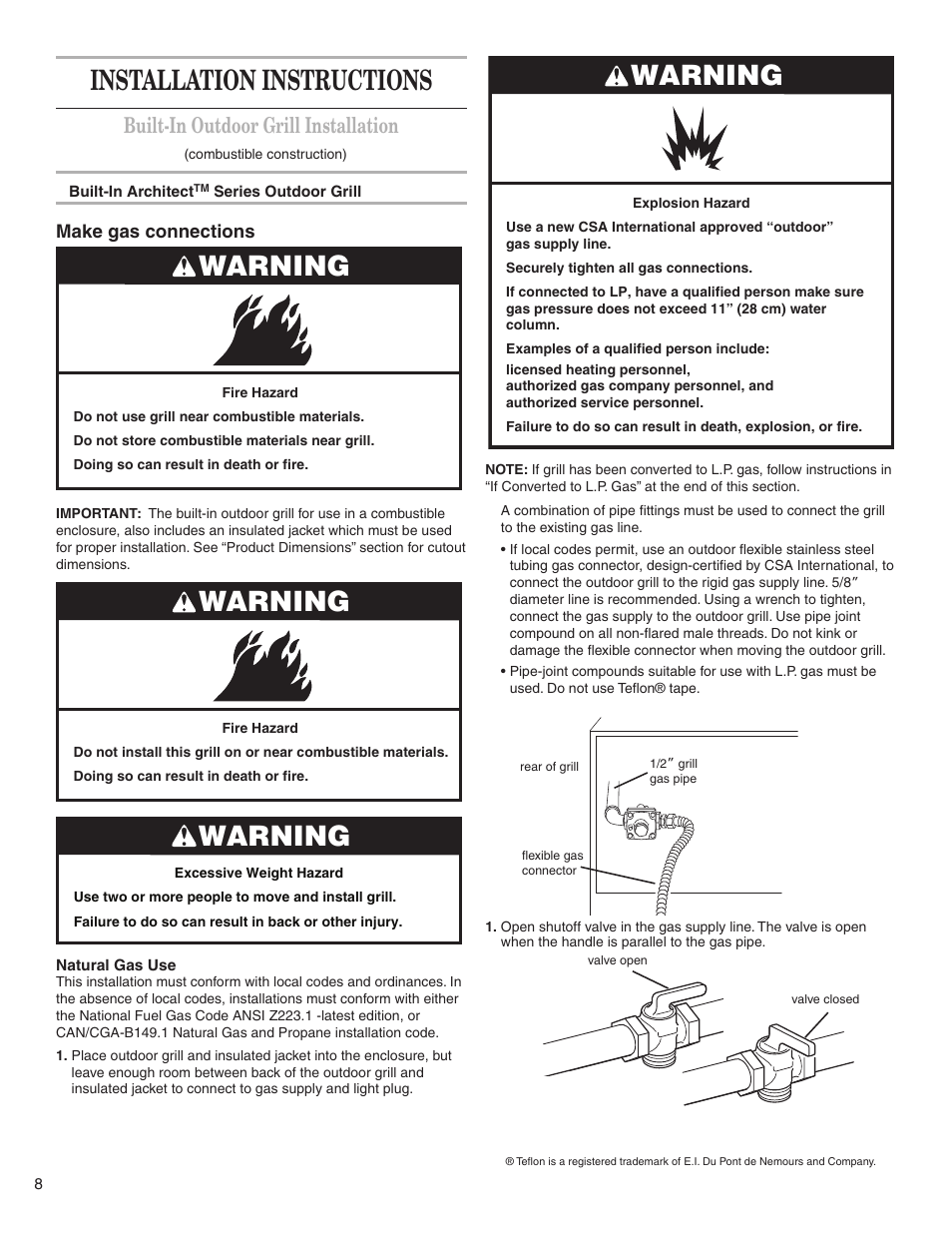 Warning, Installation instructions warning, Built-in outdoor grill installation | KITCHENAID KBGS274SSS0 User Manual | Page 8 / 20
