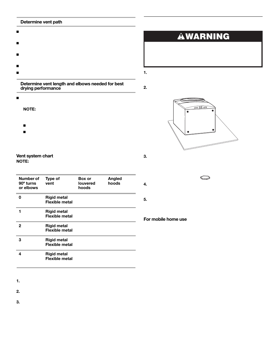 Warning, Install vent system, Install leveling legs | KITCHENAID FRONT-LOADINGGAS DRYER User Manual | Page 11 / 72