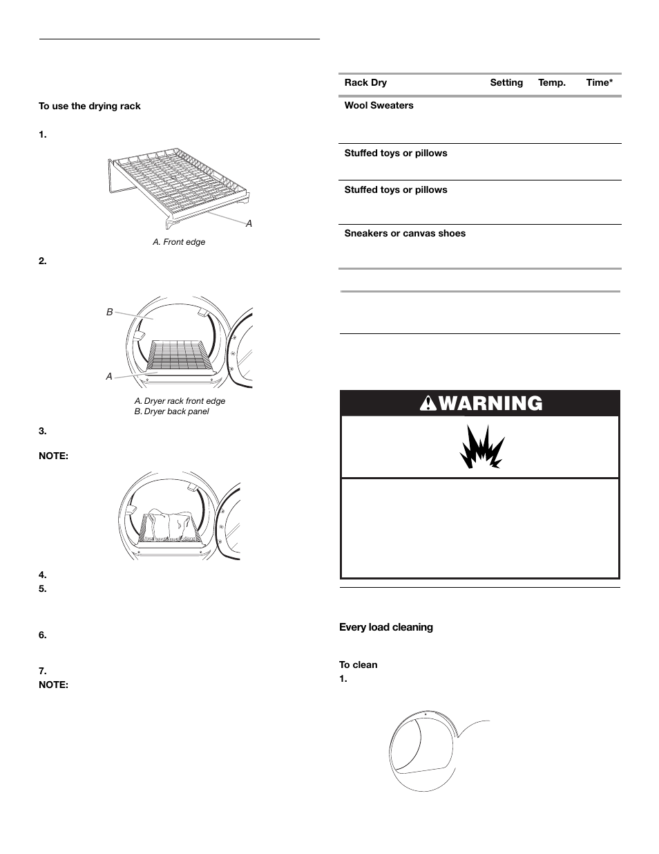 Dryer care, Warning, Drying rack | Cleaning the dryer location, Cleaning the lint screen | KITCHENAID FRONT-LOADINGGAS DRYER User Manual | Page 19 / 72
