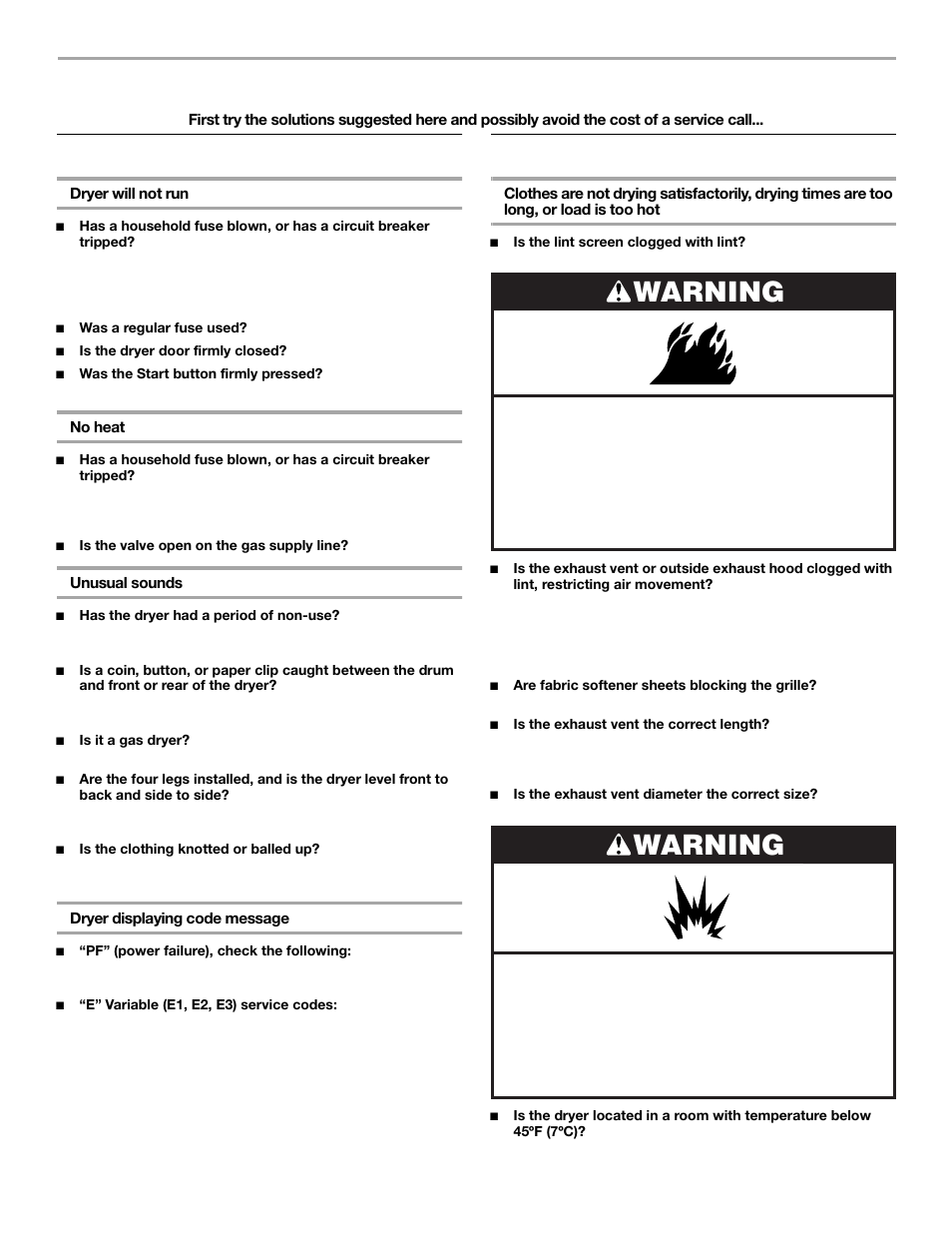 Troubleshooting, Warning, Dryer operation | Dryer results | KITCHENAID FRONT-LOADINGGAS DRYER User Manual | Page 21 / 72