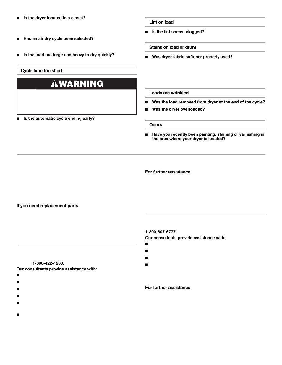 Assistance or service, Warning | KITCHENAID FRONT-LOADINGGAS DRYER User Manual | Page 22 / 72