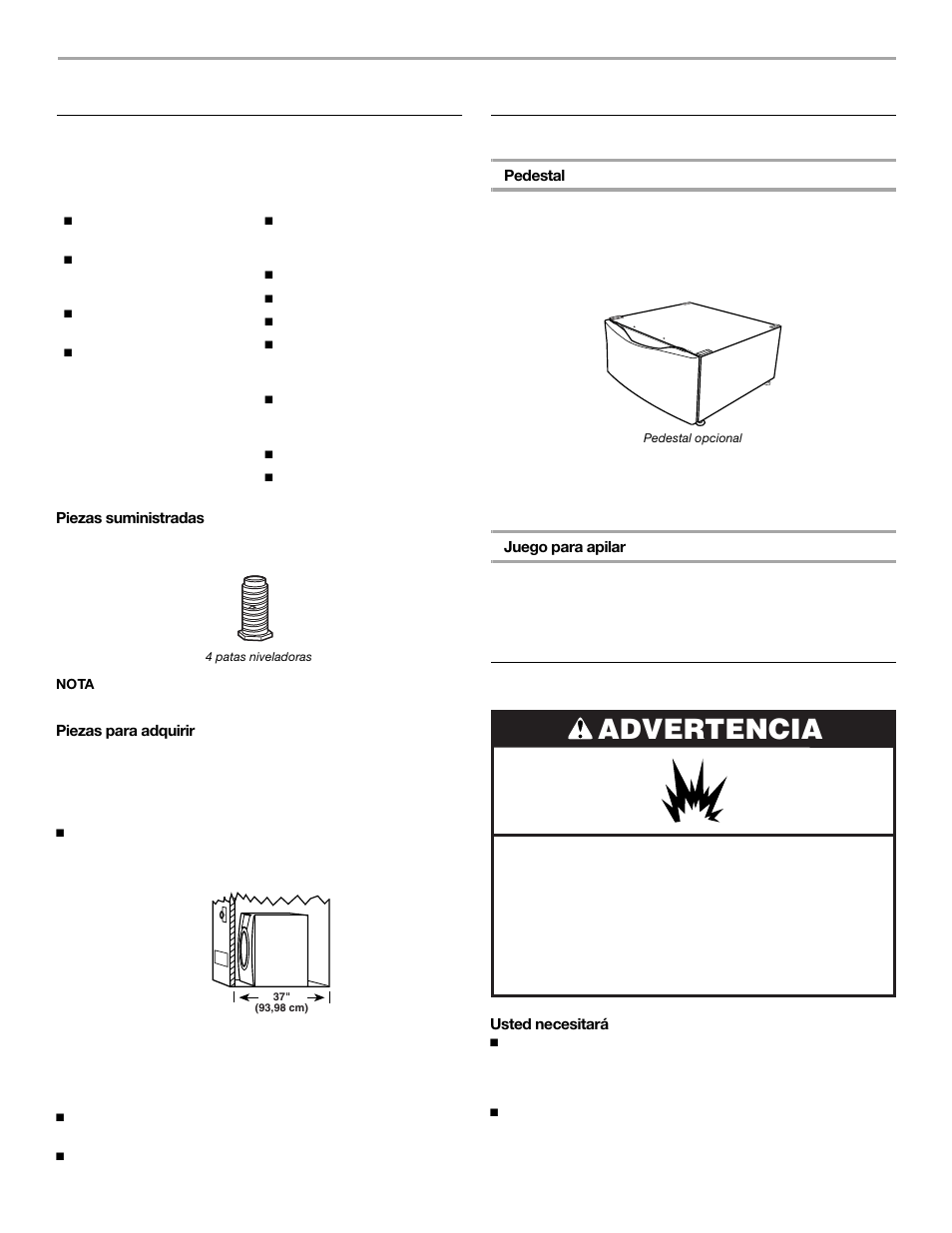Instrucciones de instalación, Advertencia, Herramientas y piezas | Opciones, Requisitos de ubicación | KITCHENAID FRONT-LOADINGGAS DRYER User Manual | Page 26 / 72