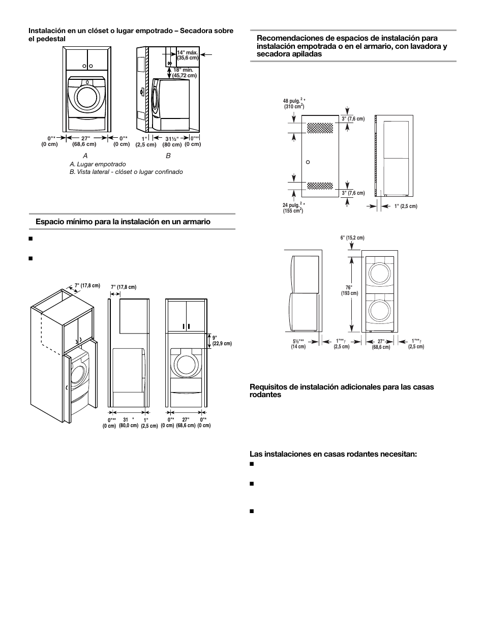 Espacio mínimo para la instalación en un armario, Las instalaciones en casas rodantes necesitan | KITCHENAID FRONT-LOADINGGAS DRYER User Manual | Page 28 / 72