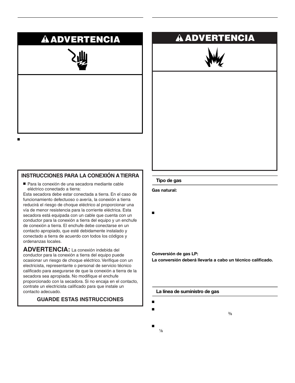 Advertencia, Requisitos eléctricos, Requisitos del suministro de gas | KITCHENAID FRONT-LOADINGGAS DRYER User Manual | Page 29 / 72