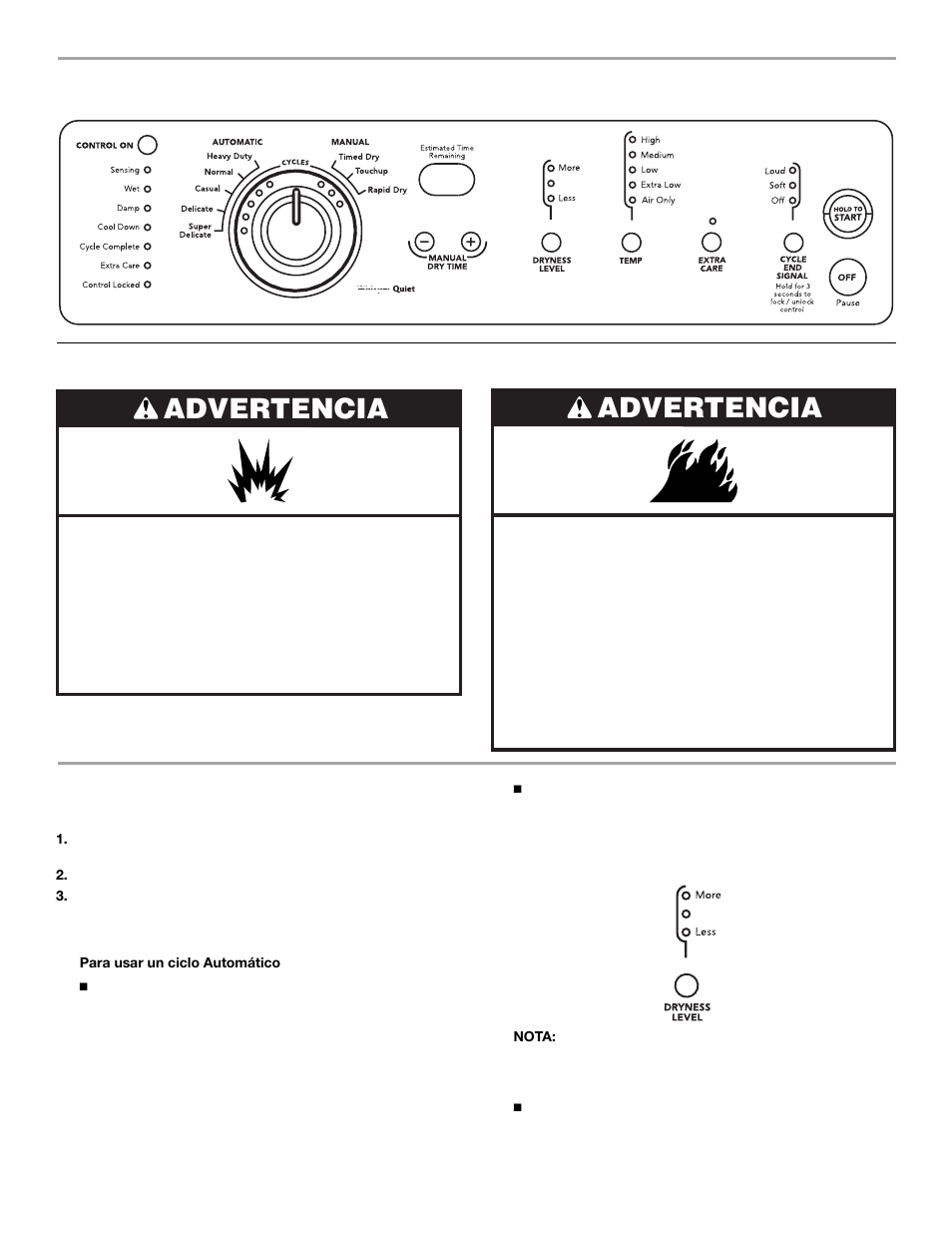 Uso de la secadora, Advertencia, Puesta en marcha de la secadora | KITCHENAID FRONT-LOADINGGAS DRYER User Manual | Page 37 / 72