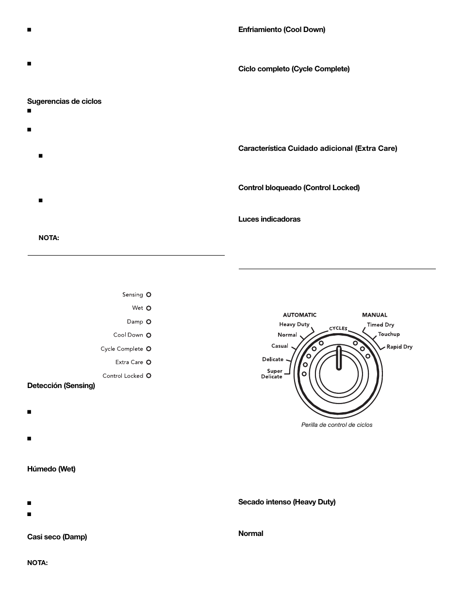 Luces de estado, Ciclos | KITCHENAID FRONT-LOADINGGAS DRYER User Manual | Page 39 / 72