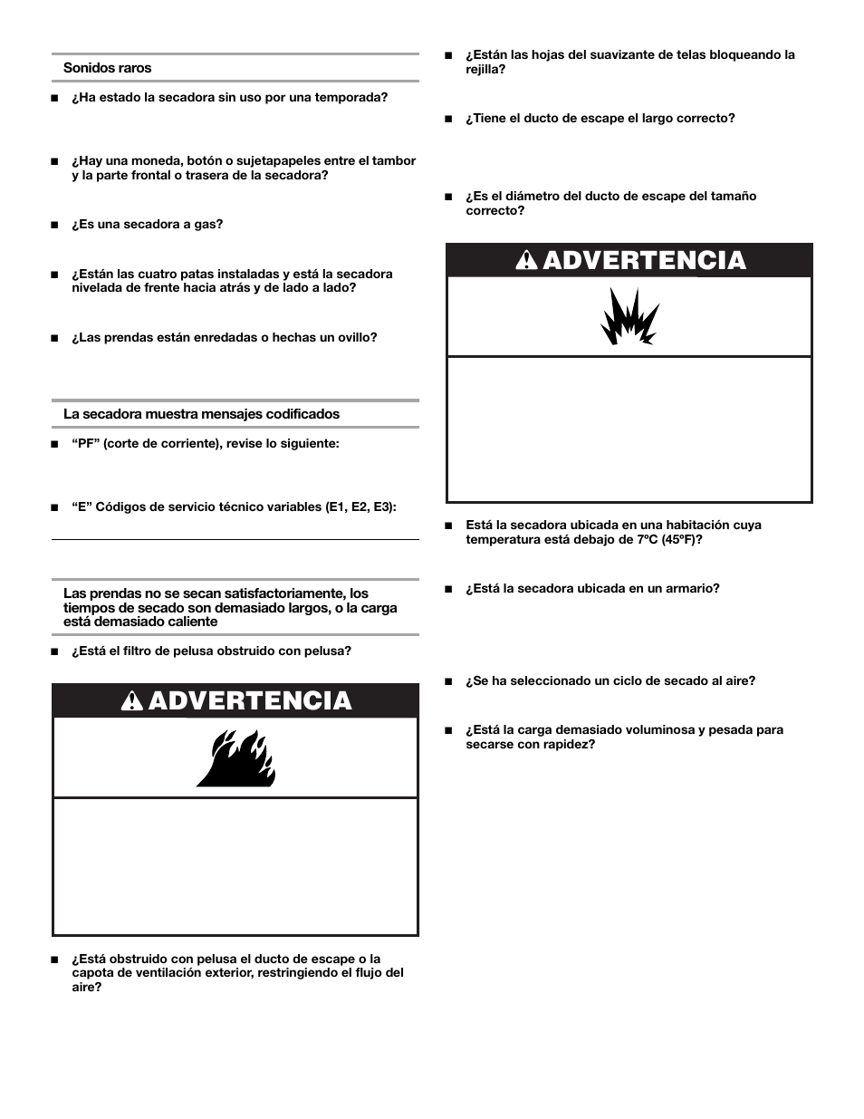 Advertencia, Resultados de la secadora | KITCHENAID FRONT-LOADINGGAS DRYER User Manual | Page 44 / 72