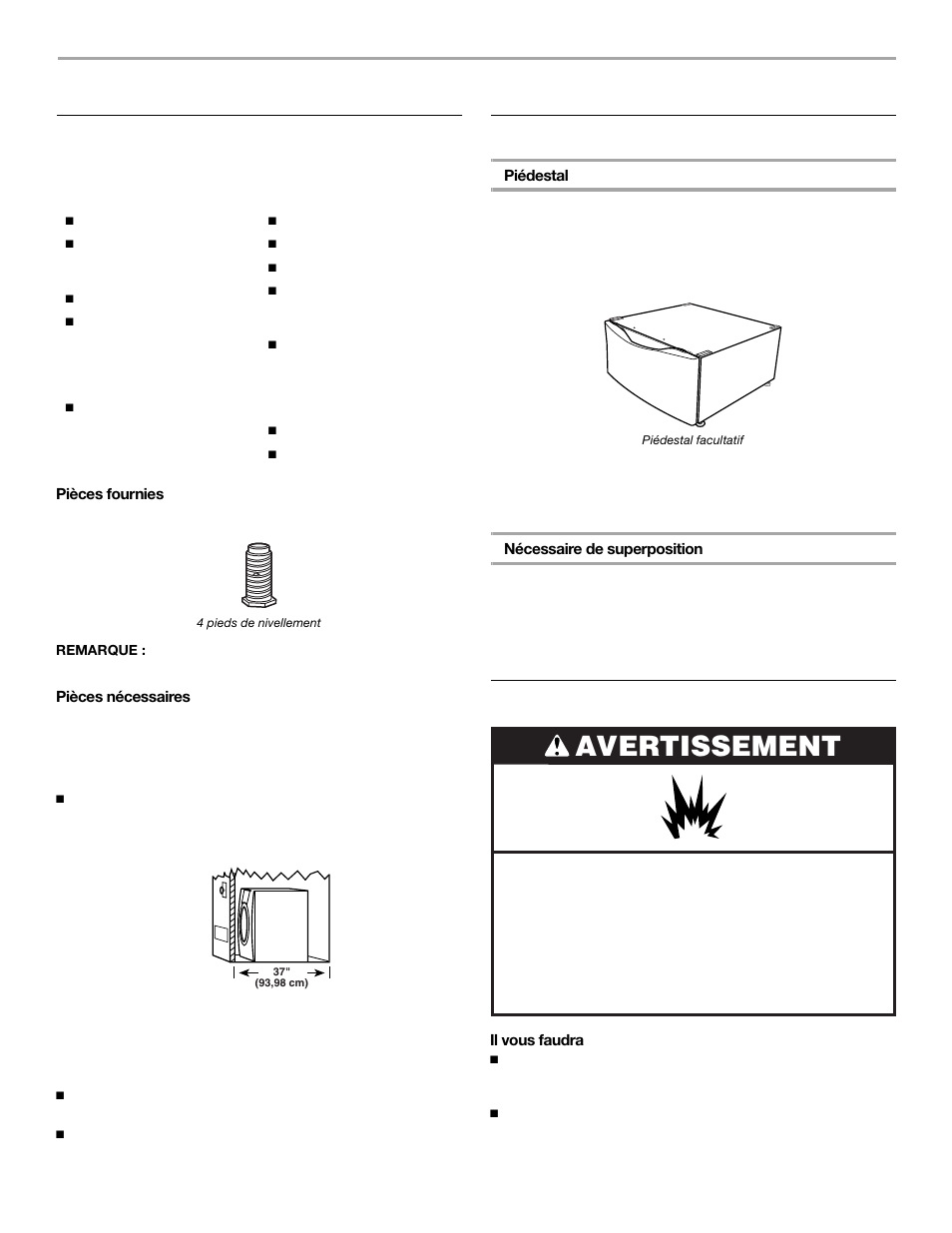 Instructions d’installation, Avertissement, Outillage et pièces | Options, Exigences d’emplacement | KITCHENAID FRONT-LOADINGGAS DRYER User Manual | Page 49 / 72