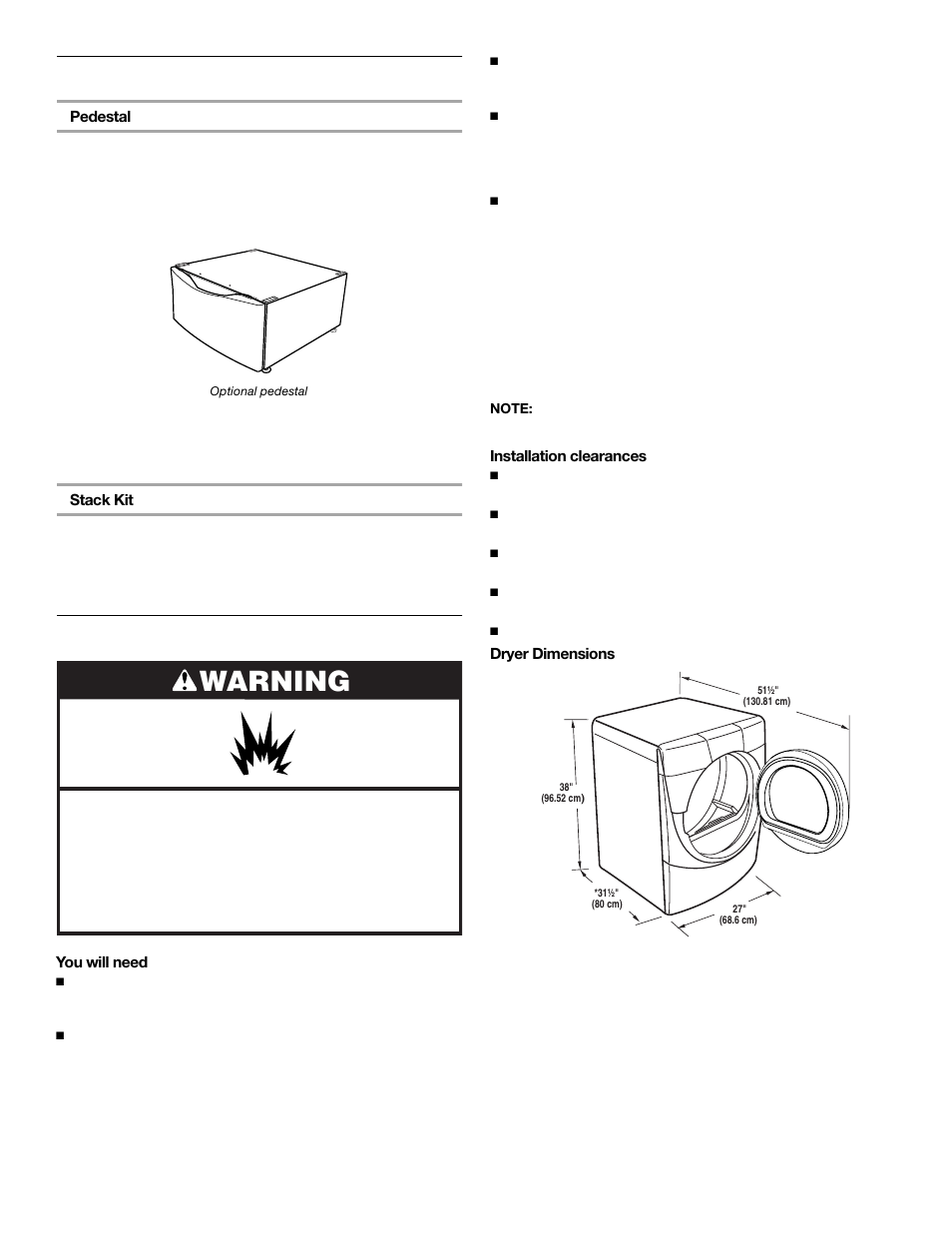 Warning, Options, Location requirements | KITCHENAID FRONT-LOADINGGAS DRYER User Manual | Page 5 / 72