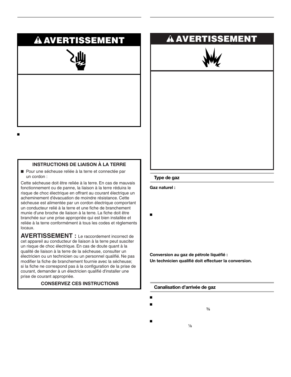 Avertissement, Spécifications électriques, Spécifications de l'alimentation en gaz | KITCHENAID FRONT-LOADINGGAS DRYER User Manual | Page 52 / 72