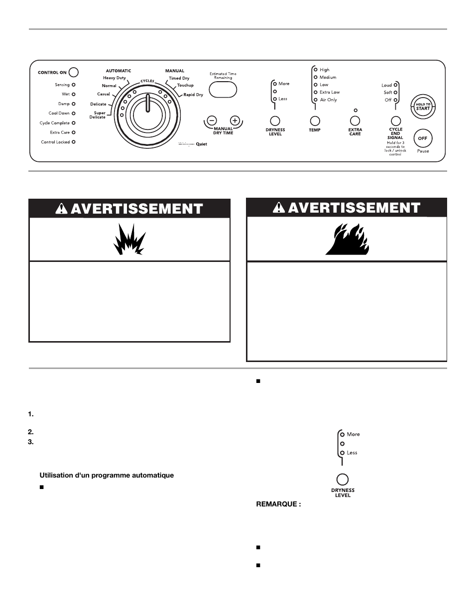 Utilisation de la sécheuse, Avertissement, Mise en marche de la sécheuse | KITCHENAID FRONT-LOADINGGAS DRYER User Manual | Page 60 / 72