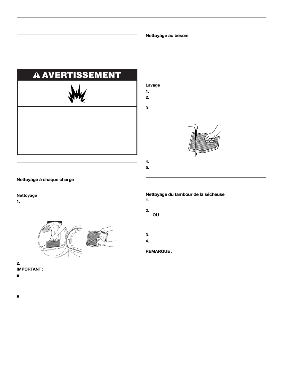 Entretien de la sécheuse, Avertissement, Nettoyage de l'emplacement de la sécheuse | Nettoyage du filtre à charpie, Nettoyage de l’intérieur de la sécheuse | KITCHENAID FRONT-LOADINGGAS DRYER User Manual | Page 66 / 72
