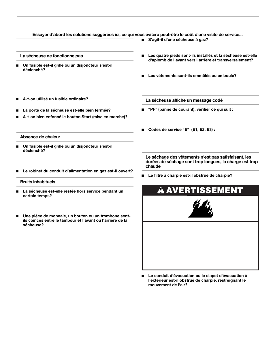 Dépannage, Avertissement, Fonctionnement de la sécheuse | Résultats de la sécheuse | KITCHENAID FRONT-LOADINGGAS DRYER User Manual | Page 68 / 72