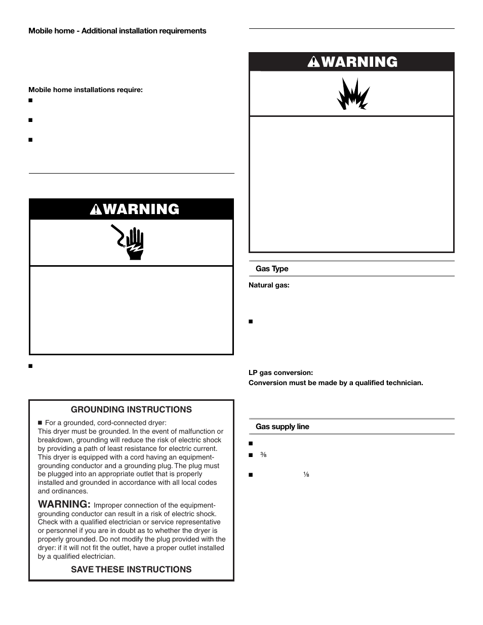 Warning, Electrical requirements, Gas supply requirements | KITCHENAID FRONT-LOADINGGAS DRYER User Manual | Page 7 / 72