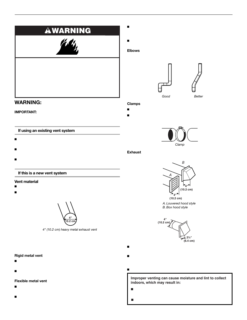 Venting requirements, Warning | KITCHENAID FRONT-LOADINGGAS DRYER User Manual | Page 9 / 72