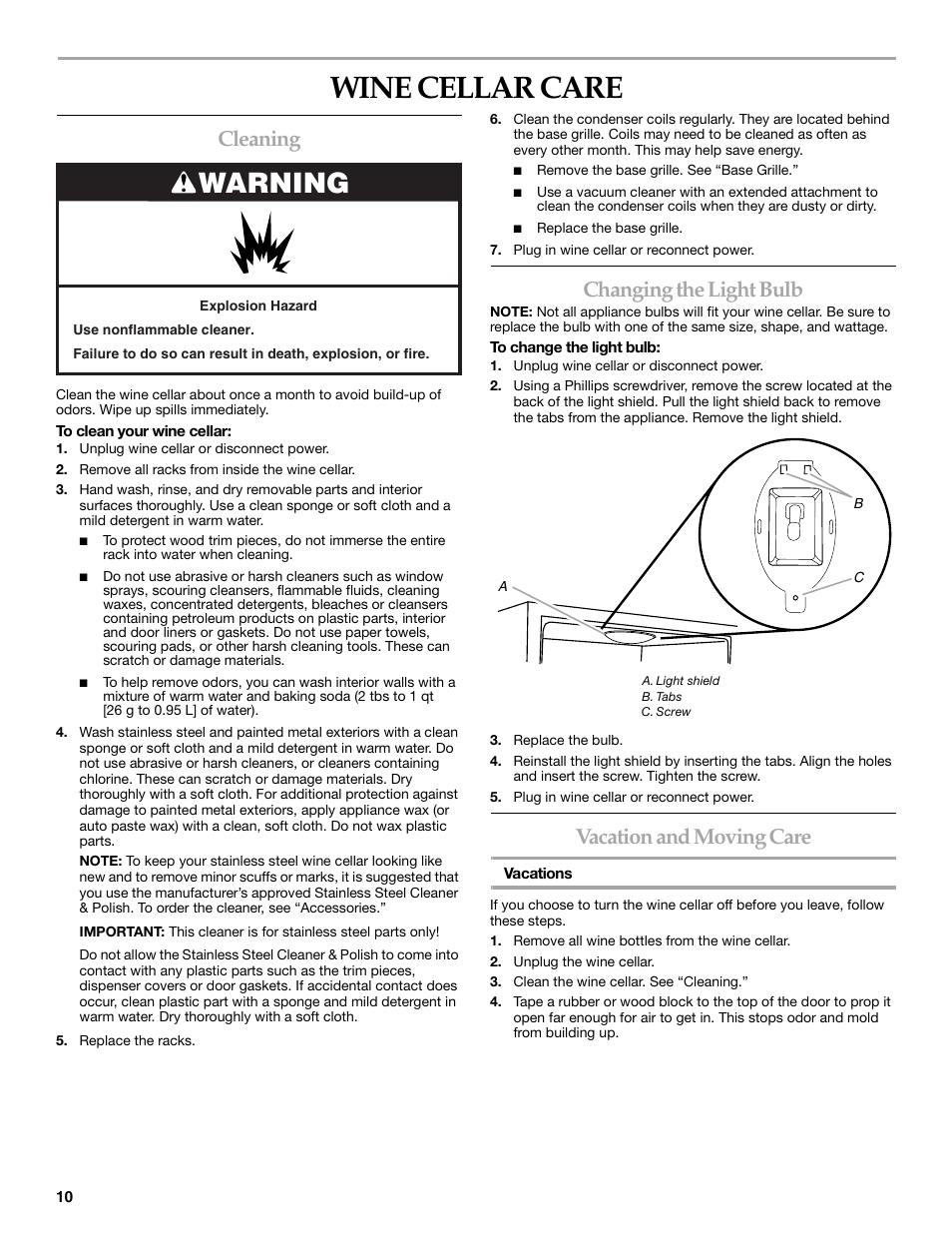 Wine cellar care, Warning, Cleaning | Changing the light bulb, Vacation and moving care | KITCHENAID KUWO24LSBX User Manual | Page 10 / 40