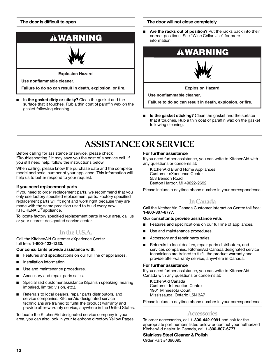 Assistance or service, Warning, Accessories | KITCHENAID KUWO24LSBX User Manual | Page 12 / 40