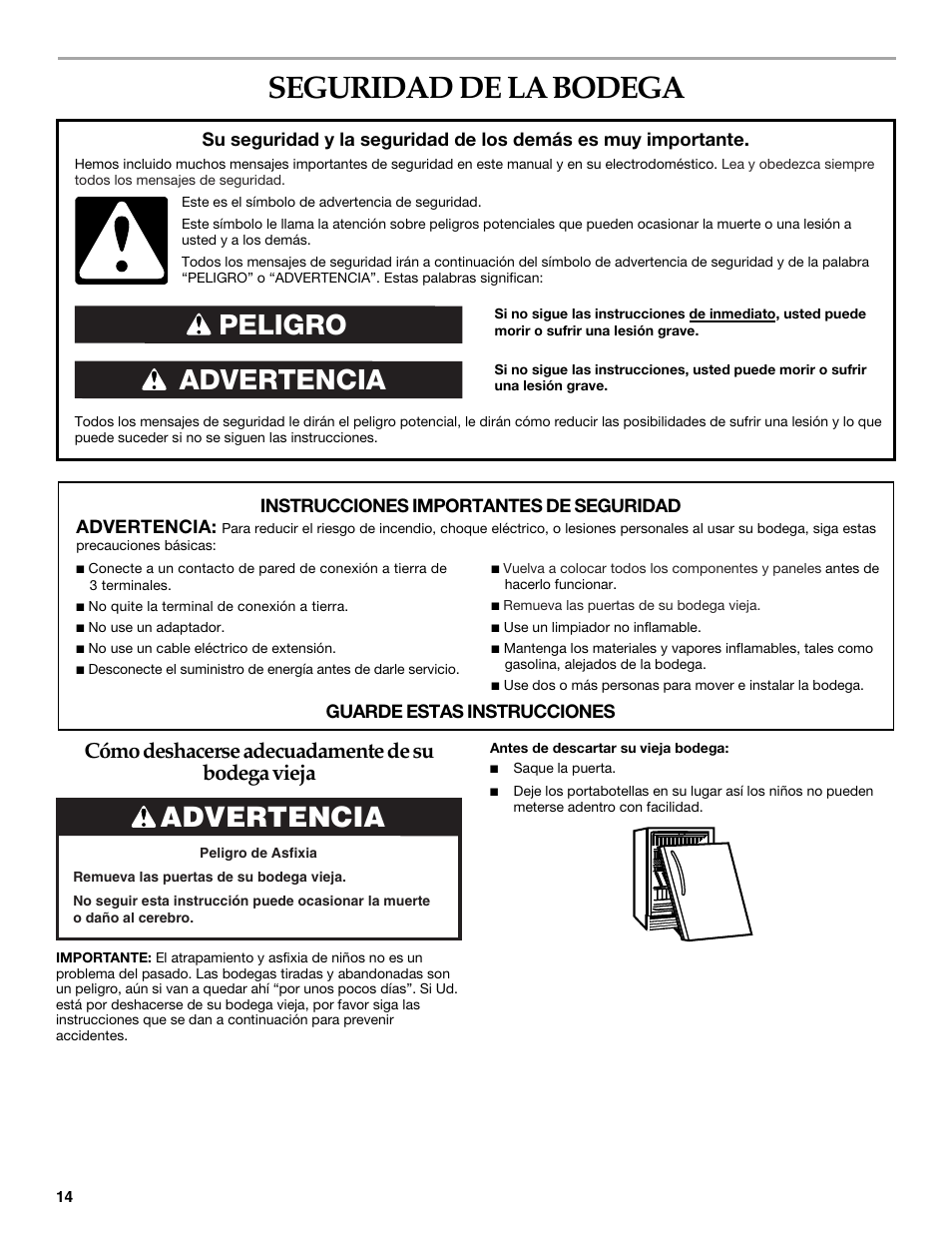 Seguridad de la, Bodega, Advertencia peligro | Advertencia, Cómo deshacerse adecuadamente de su bodega vieja | KITCHENAID KUWO24LSBX User Manual | Page 14 / 40