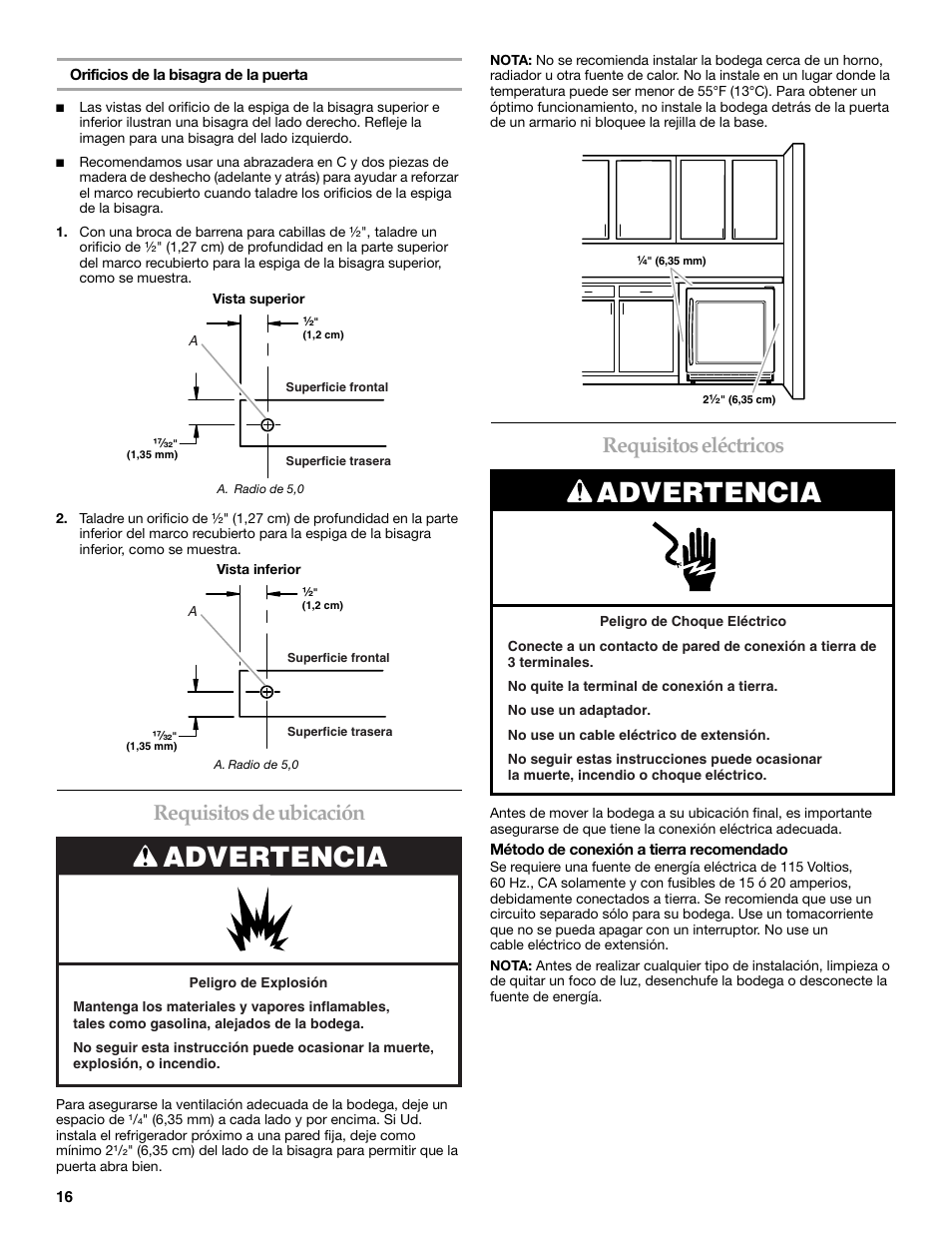 Advertencia, Requisitos de ubicación, Requisitos eléctricos | KITCHENAID KUWO24LSBX User Manual | Page 16 / 40